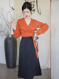 Elegant Hanfu Two-Piece Set – Orange Wrap Top and Black Skirt