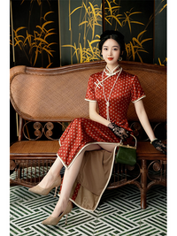 Vintage Red Polka Dot Cheongsam with Pearl Trim and Mandarin Collar