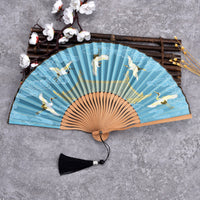 Traditional Crane Pattern Handheld Fan with Storage Box Set