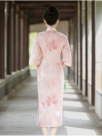 Pink Floral Three-Quarter Sleeve Mandarin Collar Qipao Dress
