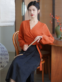 Elegant Hanfu Two-Piece Set – Orange Wrap Top and Black Skirt