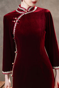 Red Velvet Lace Long Sleeve Qipao Dress | Slim Mandarin Maxi
