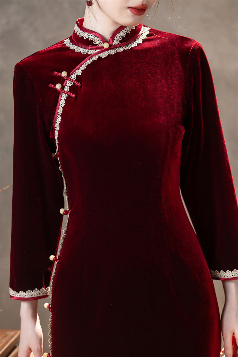 Red Velvet Lace Long Sleeve Qipao Dress | Slim Mandarin Maxi