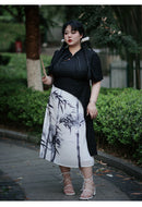 Traditional Black and White Cheongsam Dress Bamboo Print Asymmetrical