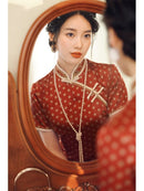 Vintage Red Polka Dot Cheongsam with Pearl Trim and Mandarin Collar