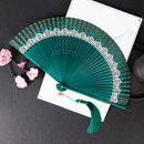 Elegant Green Handheld Folding Fan With Tassel & Storage Box