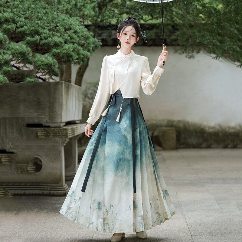 Elegant Hanfu-Inspired Two-Piece Set with Printed Gradient Skirt