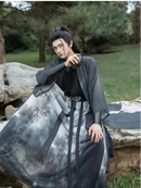 Elegant Traditional Hanfu Outfit with Bamboo Print Skirt and Black Robe