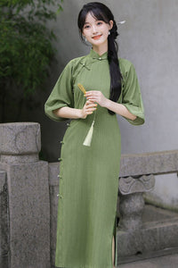 Autumn Full-Button Qipao | Side Frog Button Vintage Slim Cheongsam