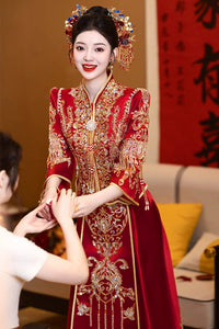 新款中式无袖旗袍新娘结婚晨袍