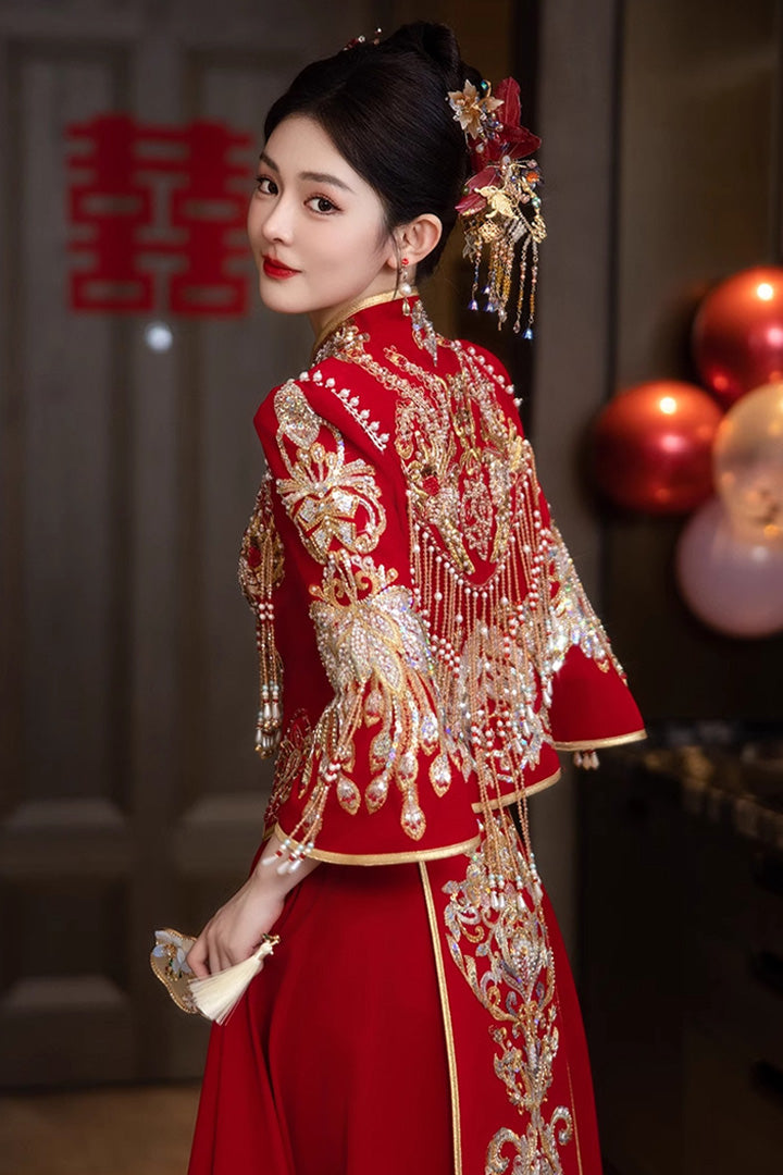 新款中式无袖旗袍新娘结婚晨袍