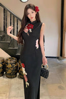 Elegant Black Embroidered Mudan Cheongsam | Vintage Sleeveless Slim Long Dress