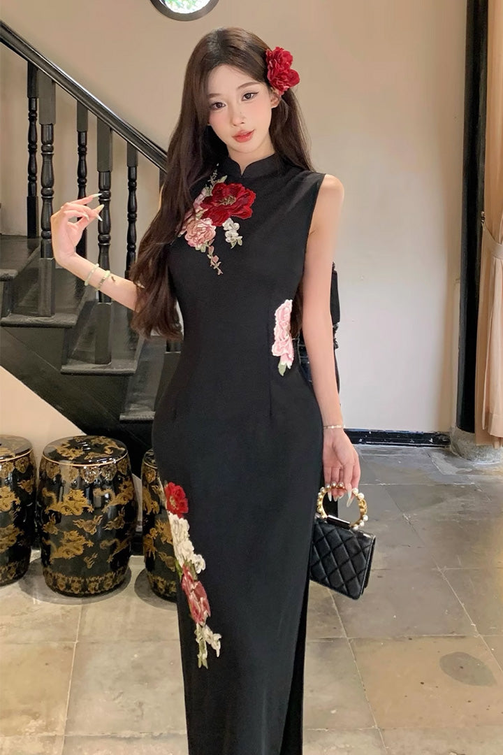 优雅灰色碎花旗袍连衣裙 - 中式晚礼服