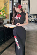 Elegant Black Embroidered Mudan Cheongsam | Vintage Sleeveless Slim Long Dress