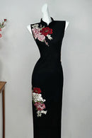 Elegant Black Embroidered Mudan Cheongsam | Vintage Sleeveless Slim Long Dress