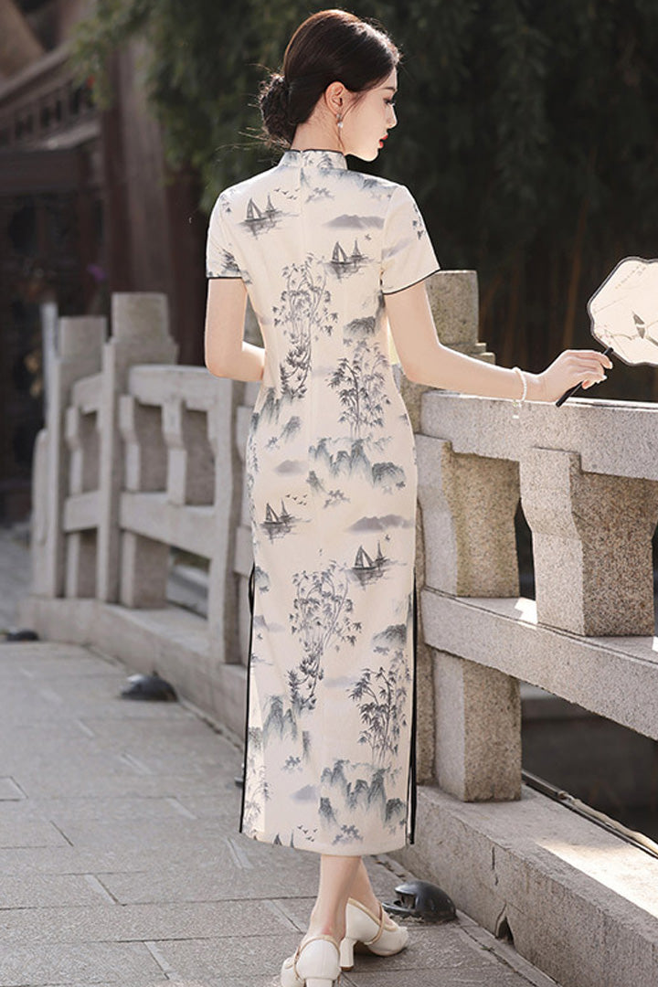 Landscape Print Long Cheongsam | Vintage Slim Fit Daily Wear Short Sleeve Qipao
