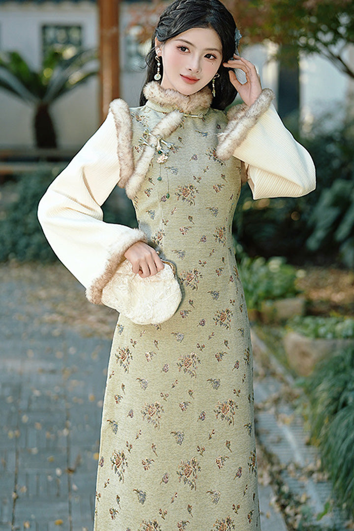 Light Green Daily Plush Vintage Qipao for Winter | Elegant Warmth Long Dress