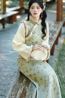 Light Green Daily Plush Vintage Qipao for Winter | Elegant Warmth Long Dress