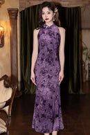 Modern Purple Fishtail Halter Qipao | Sleeveless Cheongsam Summer Dress