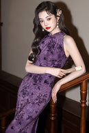Modern Purple Fishtail Halter Qipao | Sleeveless Cheongsam Summer Dress