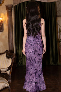 Modern Purple Fishtail Halter Qipao | Sleeveless Cheongsam Summer Dress