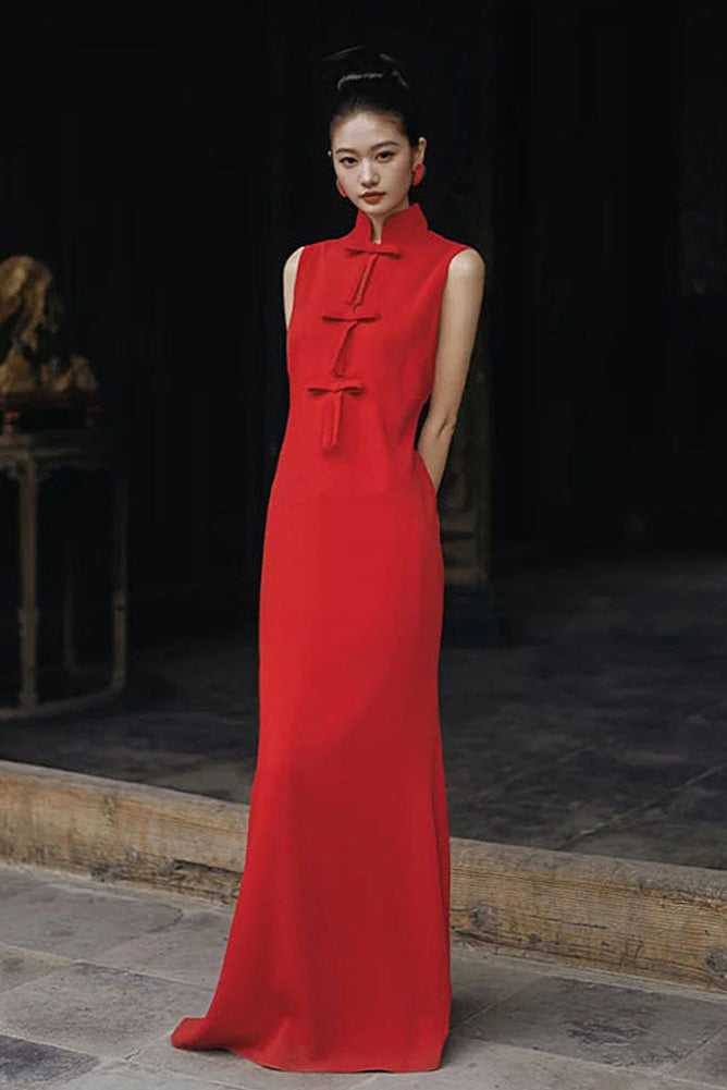Modern Sleeveless Mandarin Collar Qipao | Elegant Retro Long Engagement Dress