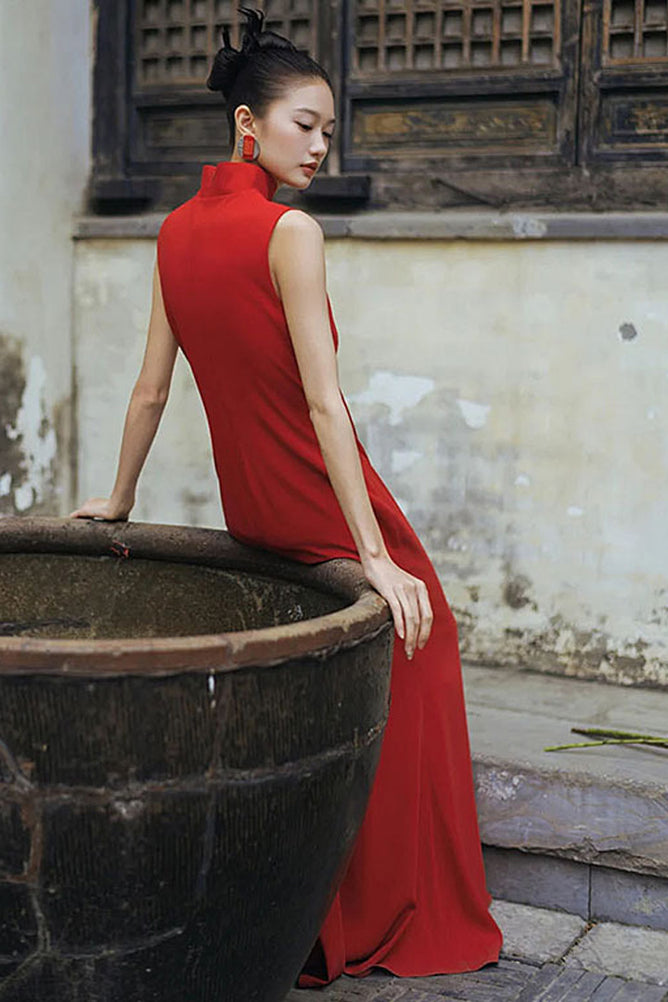 Modern Sleeveless Mandarin Collar Qipao | Elegant Retro Long Engagement Dress