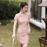 Elegant Checkered Short Cheongsam Dress - Classic Chinese Style