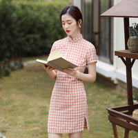 Elegant Checkered Short Cheongsam Dress - Classic Chinese Style