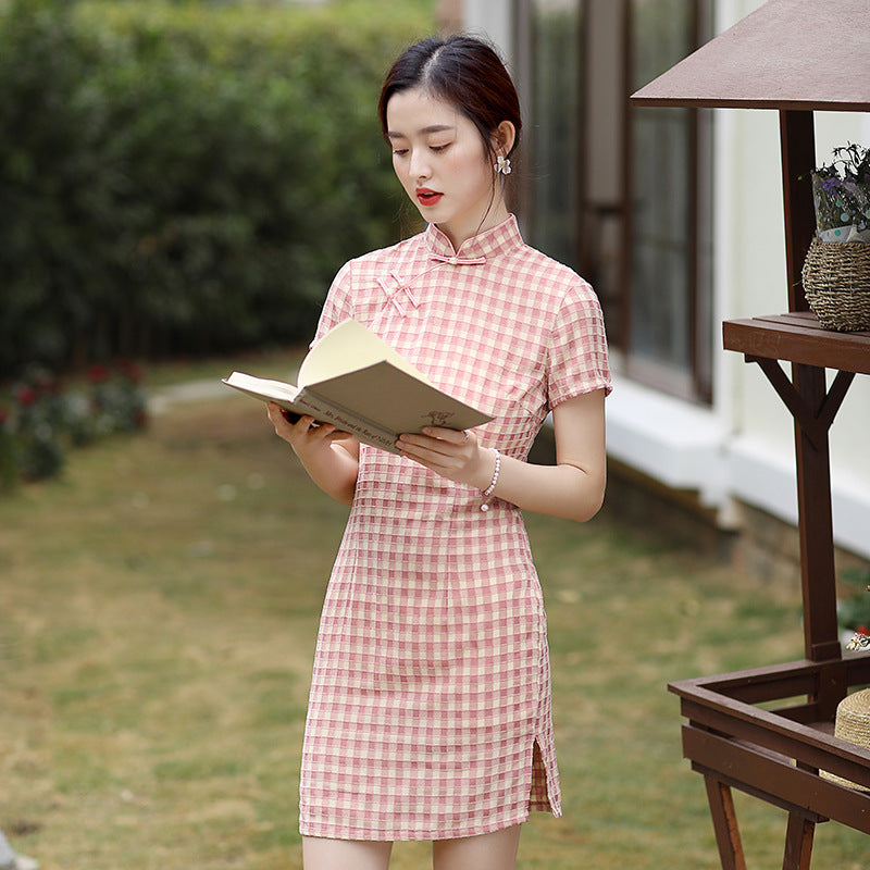 Elegant Checkered Short Cheongsam Dress - Classic Chinese Style