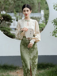 New Chinese Style Improved Long Sleeve Blouse Half-body Skirt Two Piece Set