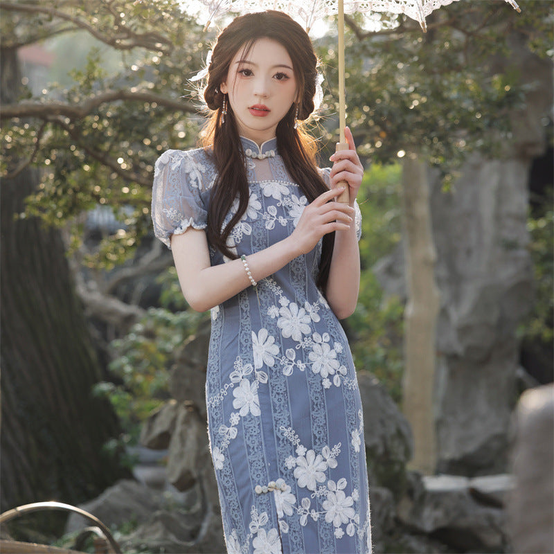 Vintage Lace Cheongsam Dress with Floral Embroidery and Puff Sleeves