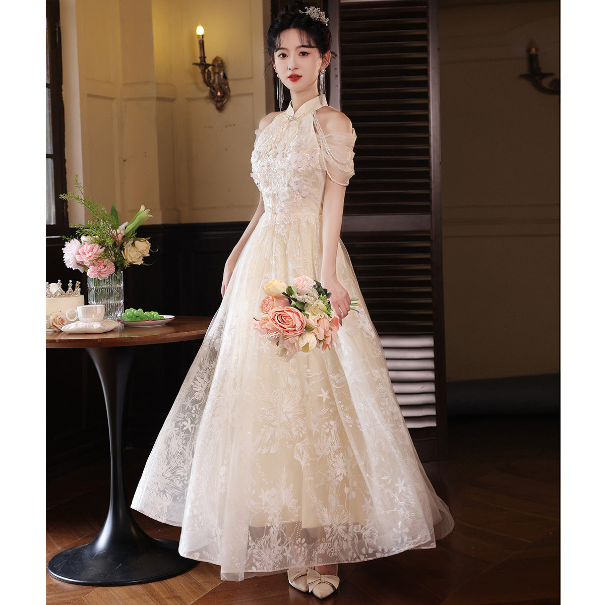 Vintage Lace Off-Shoulder Flower Girl Dress Elegant Gown