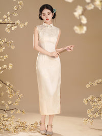 Elegant Milky White Sleeveless Qipao | Slim-fit Low Slit Mandarin Collar Summer Dress
