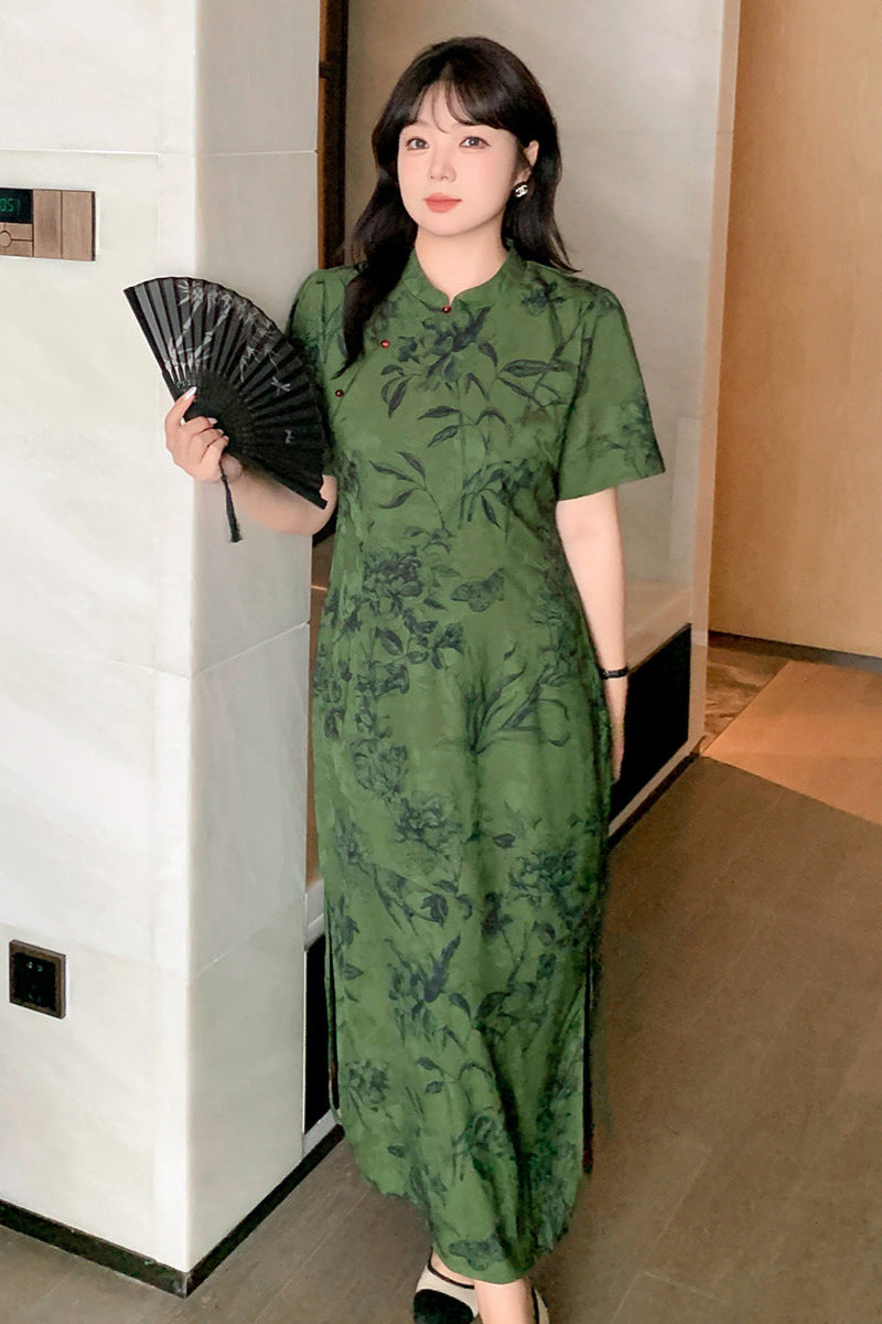 Vintage Green Floral Plus Size Cheongsam Dress Short Sleeve Traditional Style