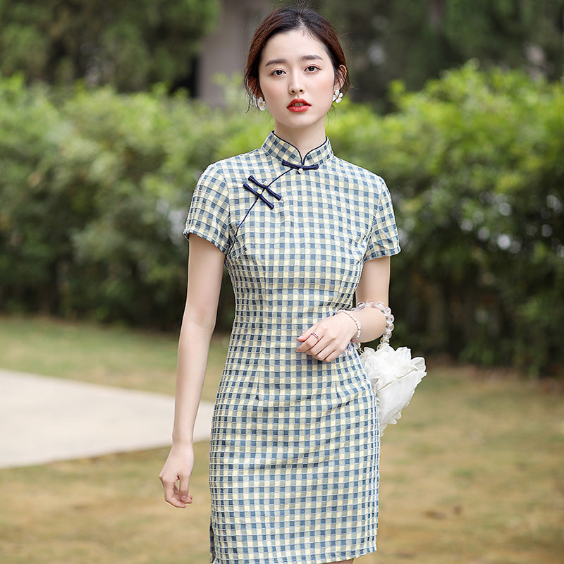 Elegant Checkered Short Cheongsam Dress - Classic Chinese Style