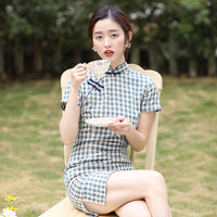 Elegant Checkered Short Cheongsam Dress - Classic Chinese Style