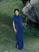 Elegant Velvet Blue Cheongsam Dress High Split Retro Style