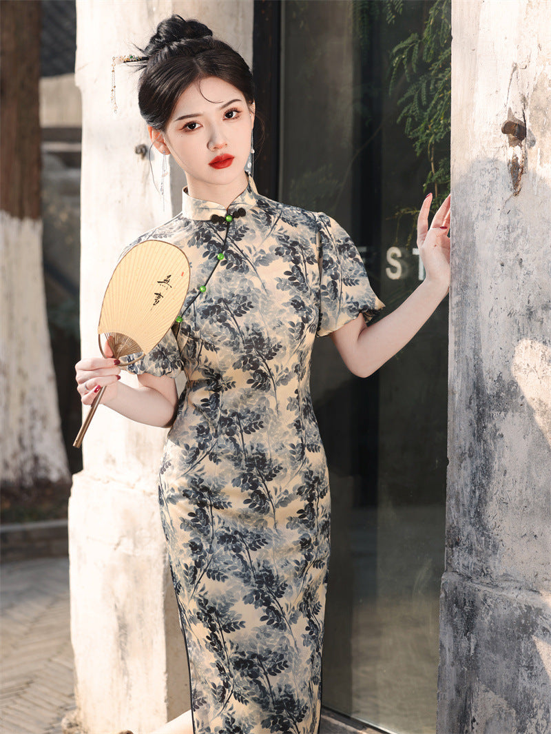 Elegant Blue Floral Cheongsam Dress for Women’s Special Occasions