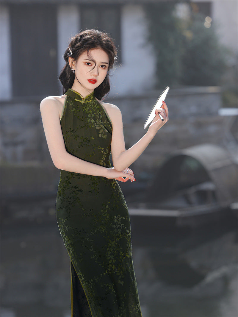 Elegant Green Floral Halter Dress - Chinese Style Evening Gown