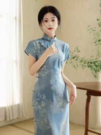 Elegant Blue Floral Print Qipao Dress - Traditional Chinese Qipao