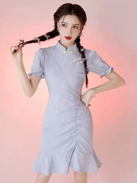 Elegant Chinese-Inspired Short-Sleeve Dress with Floral Accents for Women