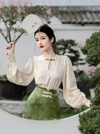 New Chinese Style Improved Long Sleeve Blouse Half-body Skirt Two Piece Set