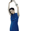 Elegant Velvet Blue Cheongsam Dress High Split Retro Style