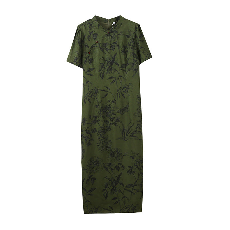 Vintage Green Floral Cheongsam Dress Short Sleeve Traditional Style