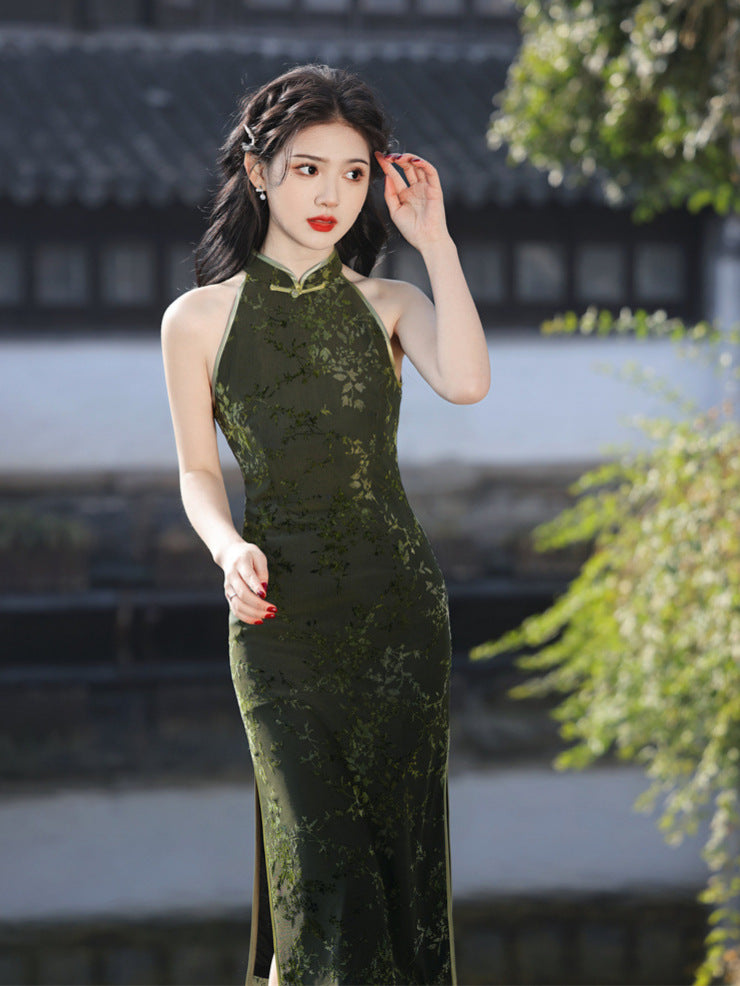 Elegant Green Floral Halter Dress - Chinese Style Evening Gown