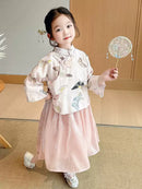 Girls' Cartoon Bird Print New Chinese Style Pink Set