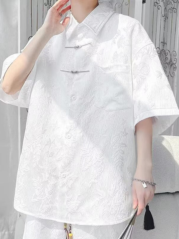 Embroidered Short-Sleeve Hanfu-Inspired Shirt – New Chinese Style Casual Top