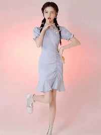 Elegant Chinese-Inspired Short-Sleeve Dress with Floral Accents for Women