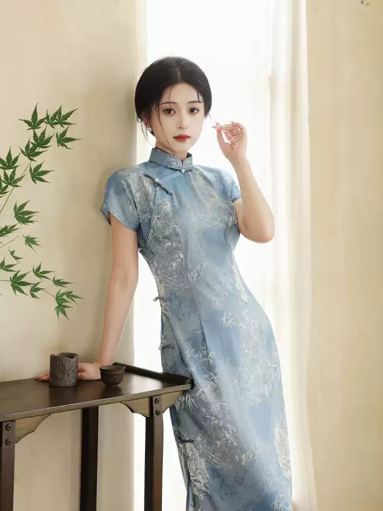 Elegant Blue Floral Print Qipao Dress - Traditional Chinese Qipao